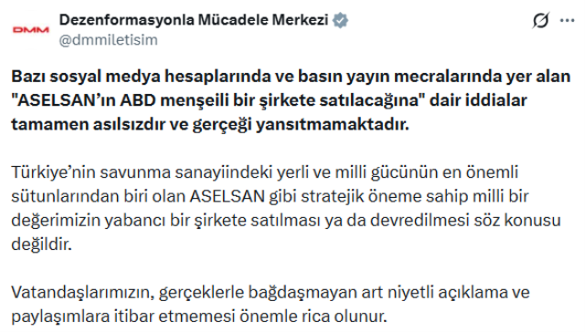 İletişim Başkanlığı'ndan ASELSAN'ın ABD'li şirkete satılacağı iddiasına yalanlama