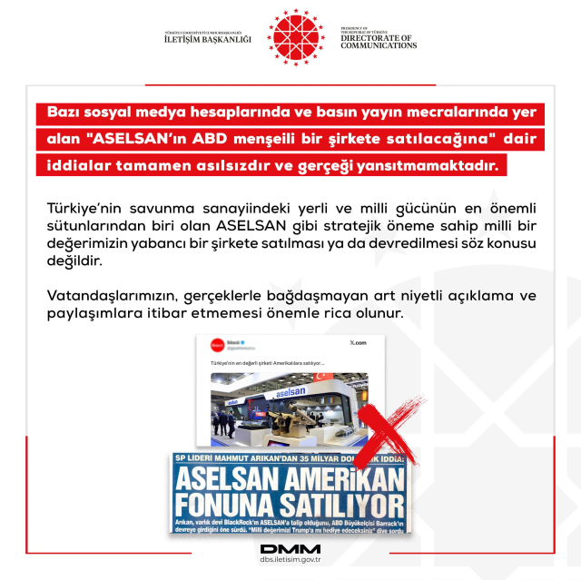 İletişim Başkanlığı'ndan ASELSAN'ın ABD'li şirkete satılacağı iddiasına yalanlama