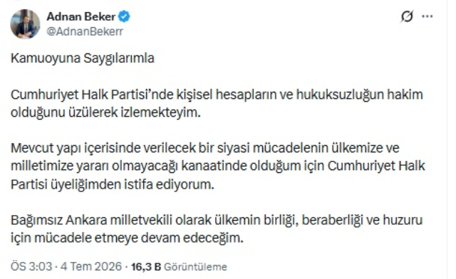 CHP Ankara Milletvekili Adnan Beker partisinden istifa etti