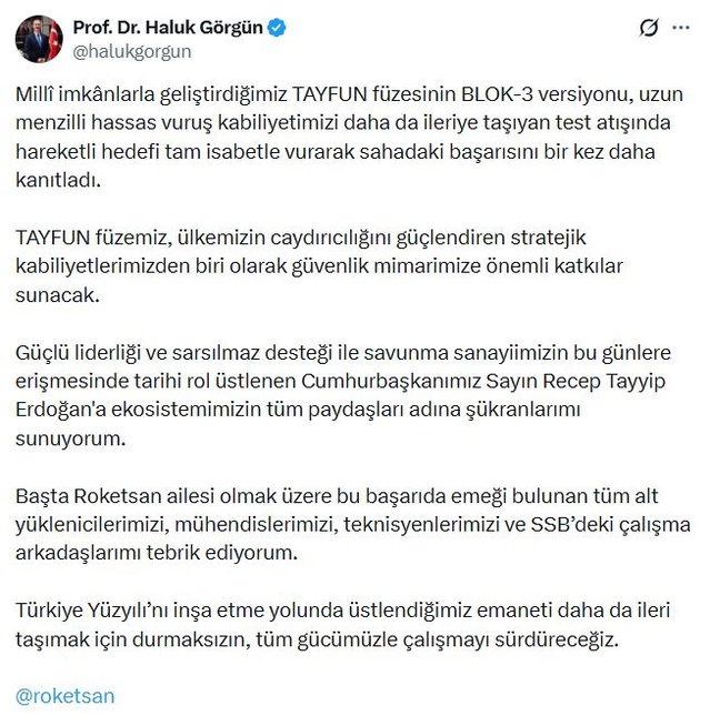 TAYFUN Blok-3 test atışında hedefi tam isabetle vurdu