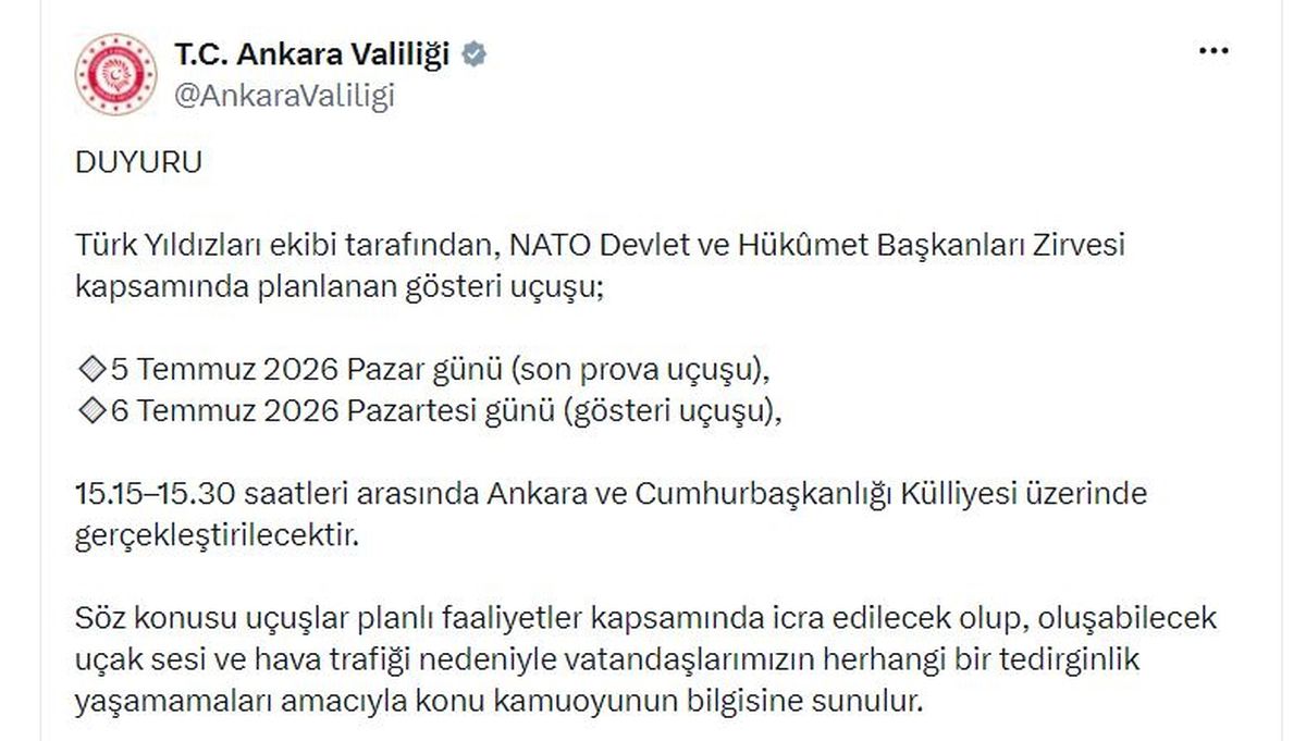 Ankara\'da jet sesleri duyulacak! Valilikten vatandaşlara uyarı