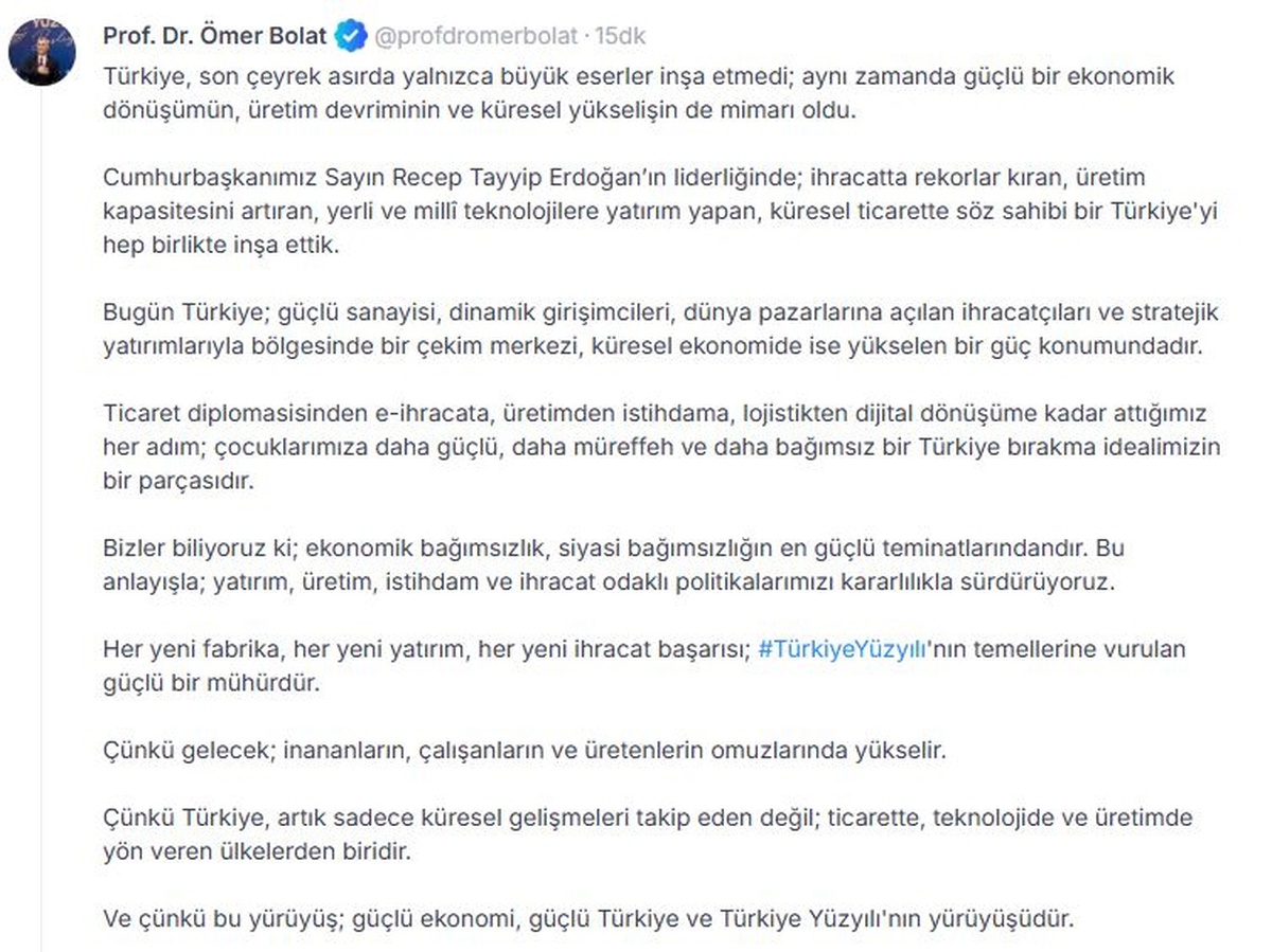 Bolat: Ekonomik bağımsızlık siyasi bağımsızlığın teminatı