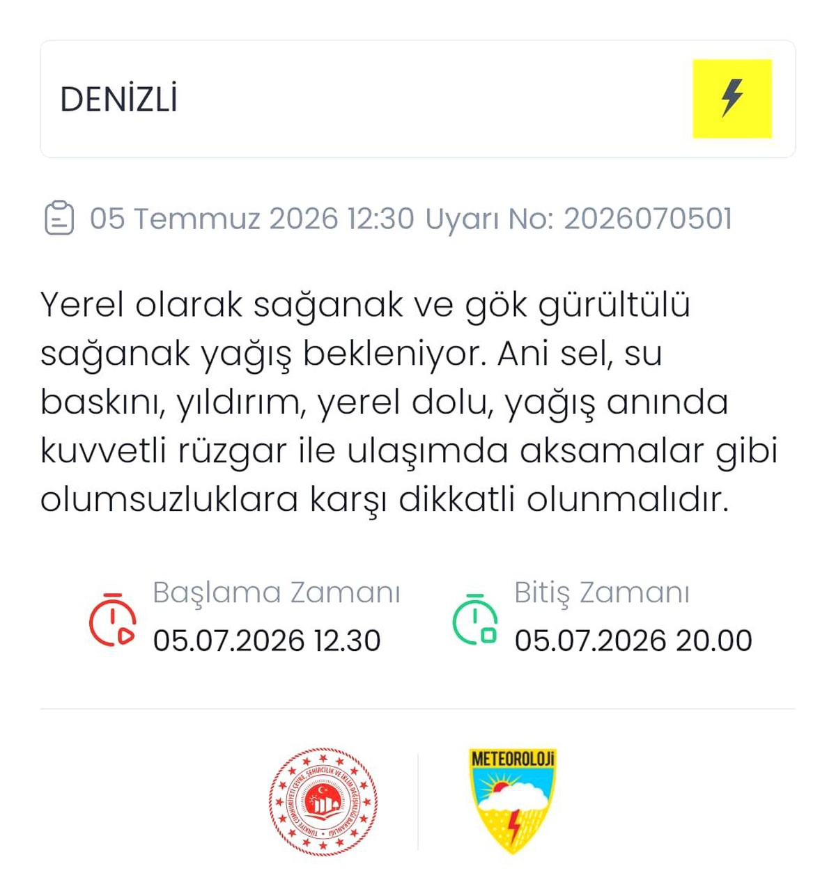 Denizli için Kuvvetli Yağış Uyarısı