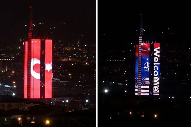 Ankara’da NATO üyesi ülkelerin bayrakları binaya yansıtıldı