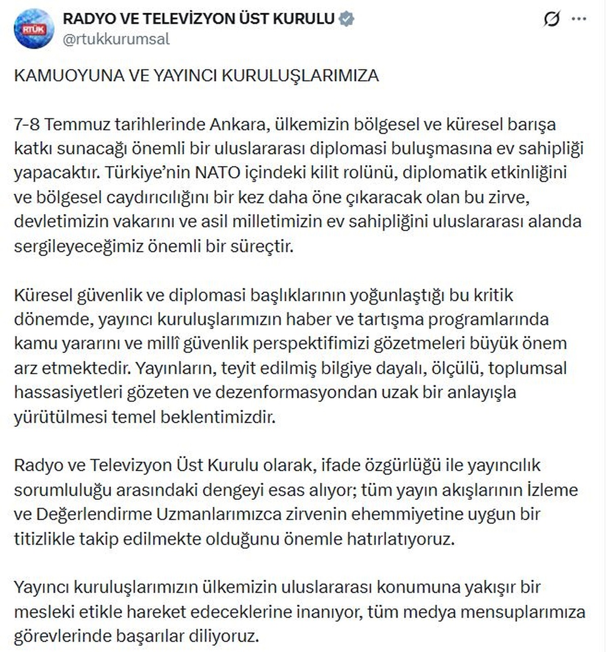 RTÜK\'ten medya kuruluşlarına NATO Zirvesi uyarısı