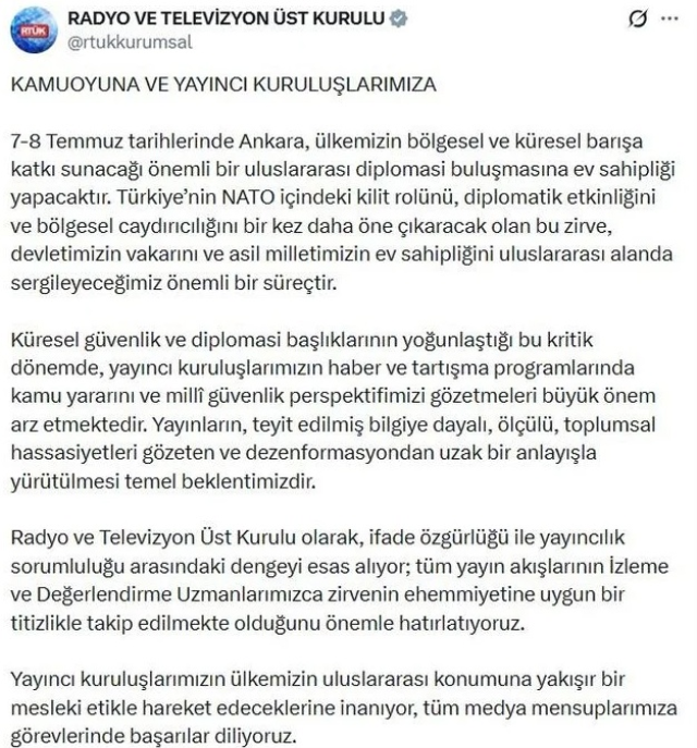 RTÜK'ten medya kuruluşlarına NATO Zirvesi uyarısı