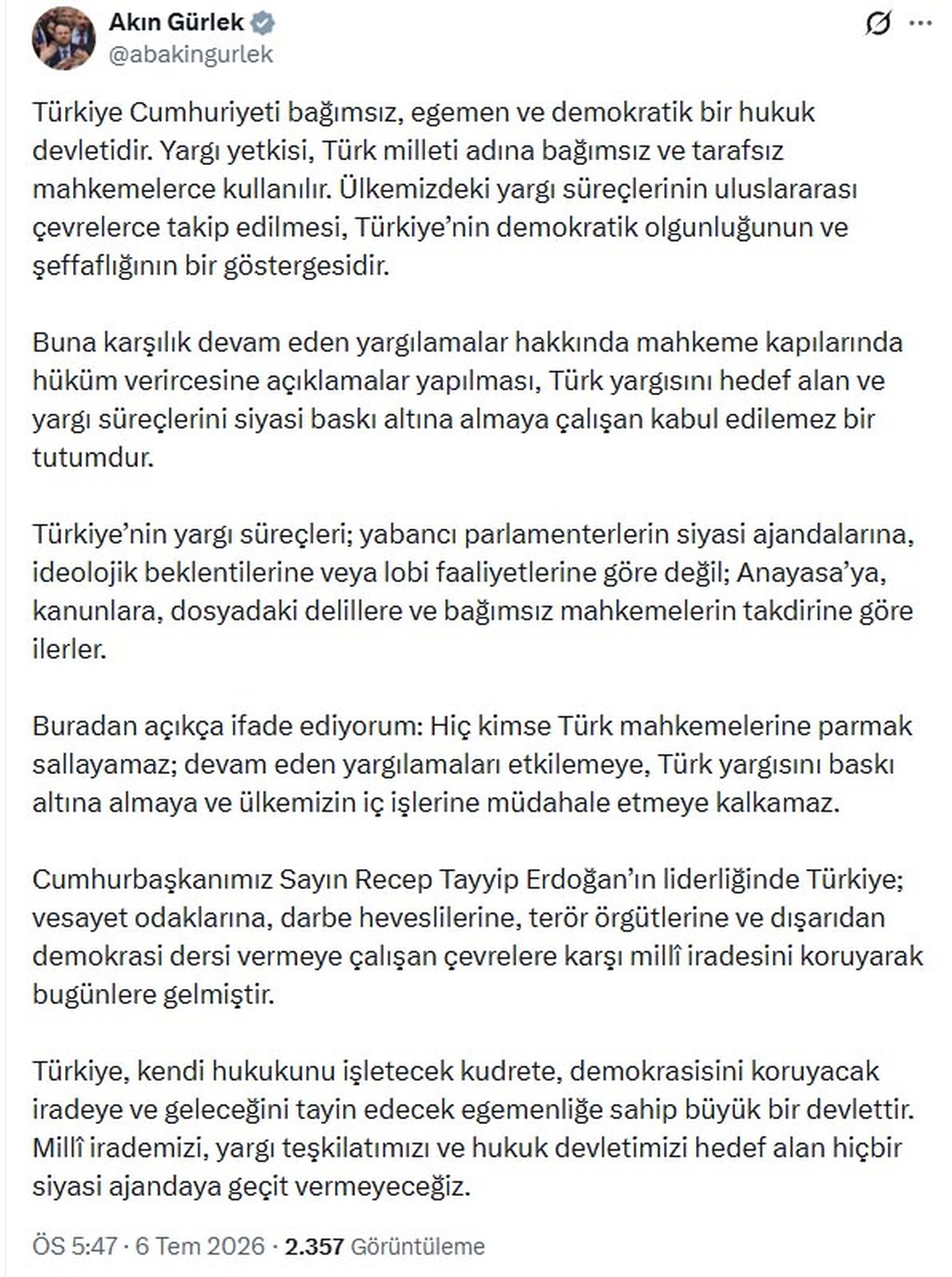 Bakan Gürlek: Yargımız bağımsız, kimse parmak sallayamaz