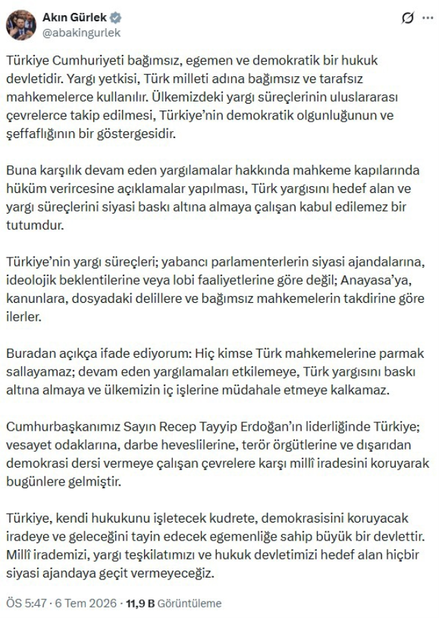 Bakan Gürlek: Hiç kimse Türk mahkemelerine parmak sallayamaz