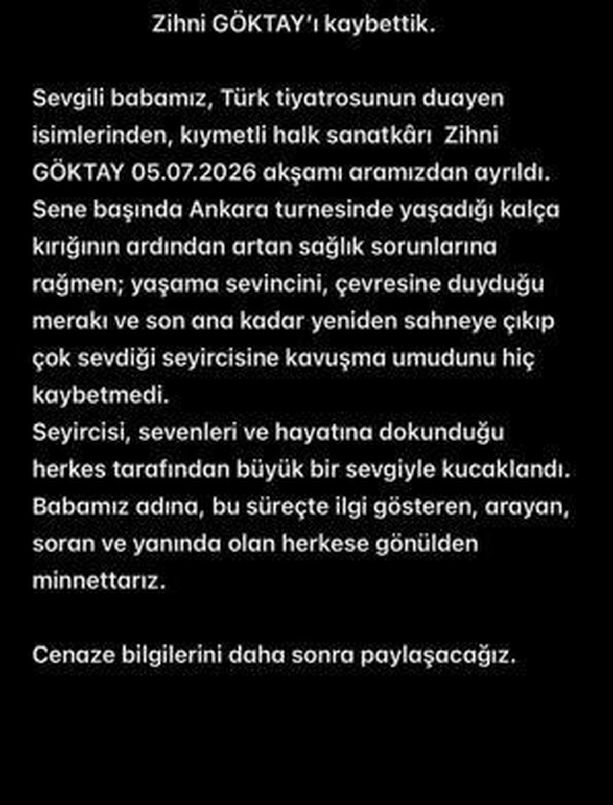 Usta Tiyatrocu Zihni Göktay Hayatını Kaybetti
