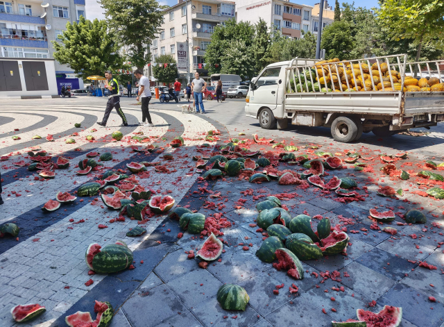 Tekirdağ'da zabıtaya kızan seyyar satıcı, karpuzları belediye önünde parçaladı