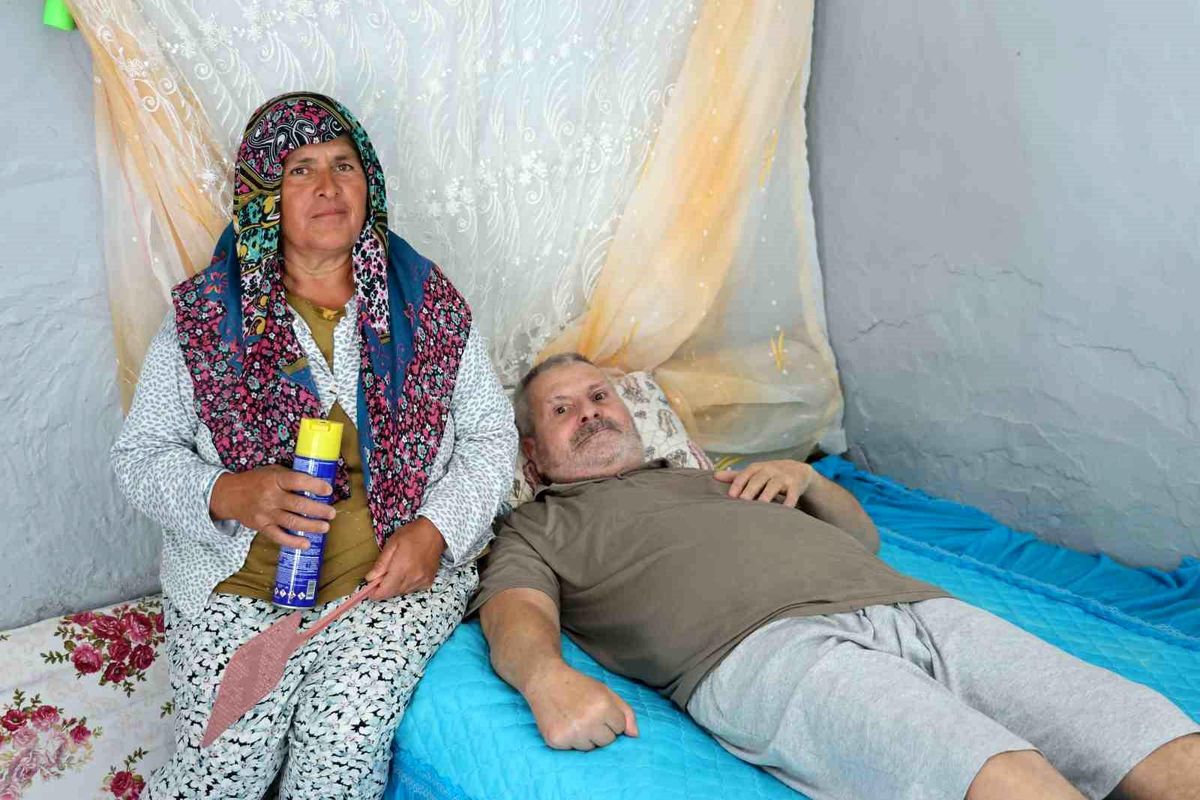 Felçli eşinin rahat etmesi için başında sinek nöbeti tutuyor