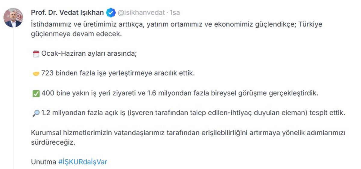 Bakan Işıkhan: 723 Bin İşe Yerleştirme Sağlandı