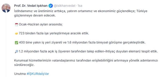 Bakan Işıkhan: 723 Bin İşe Yerleştirme Sağlandı