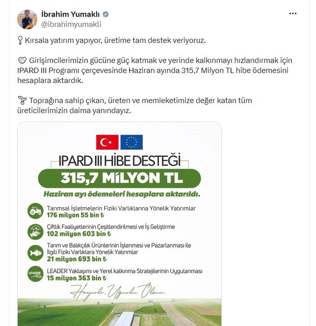 Bakan Yumaklı\'dan 315,7 Milyon TL Hibe Duyurusu