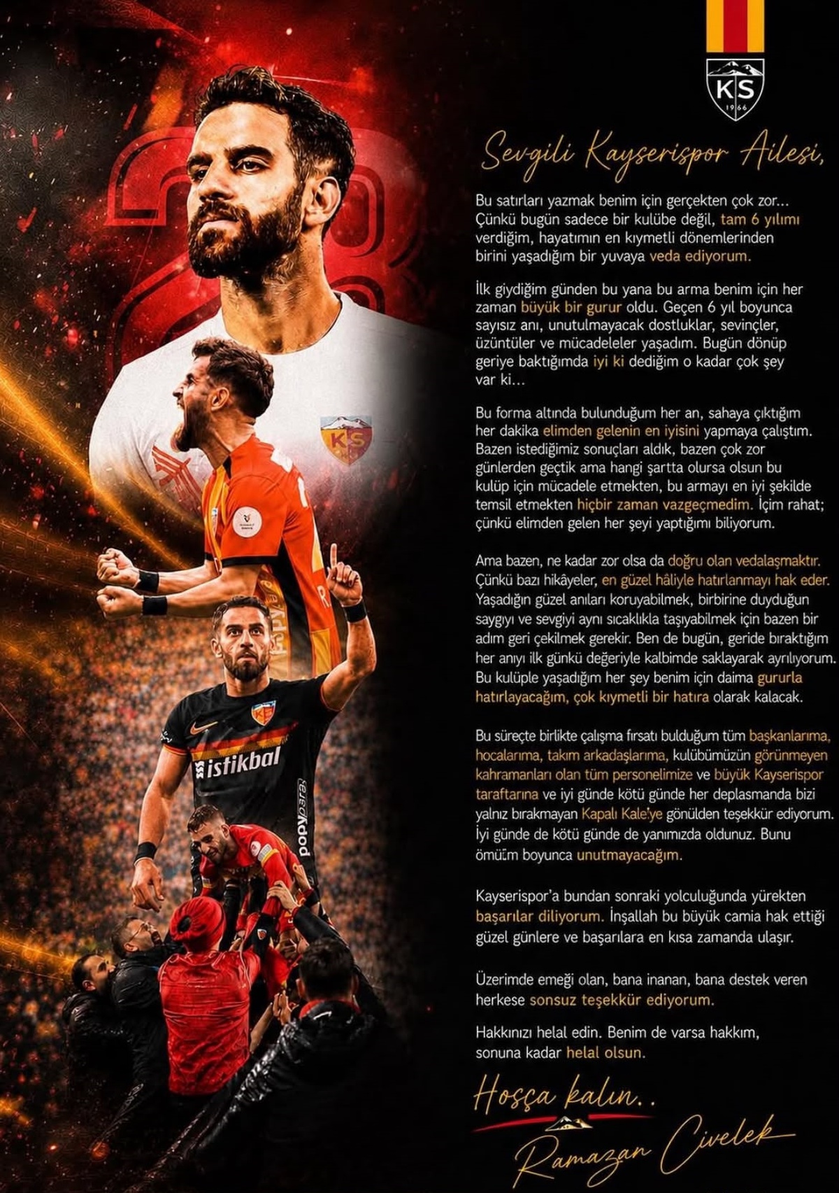 Ramazan Civelek Kayserispor\'a Veda Etti