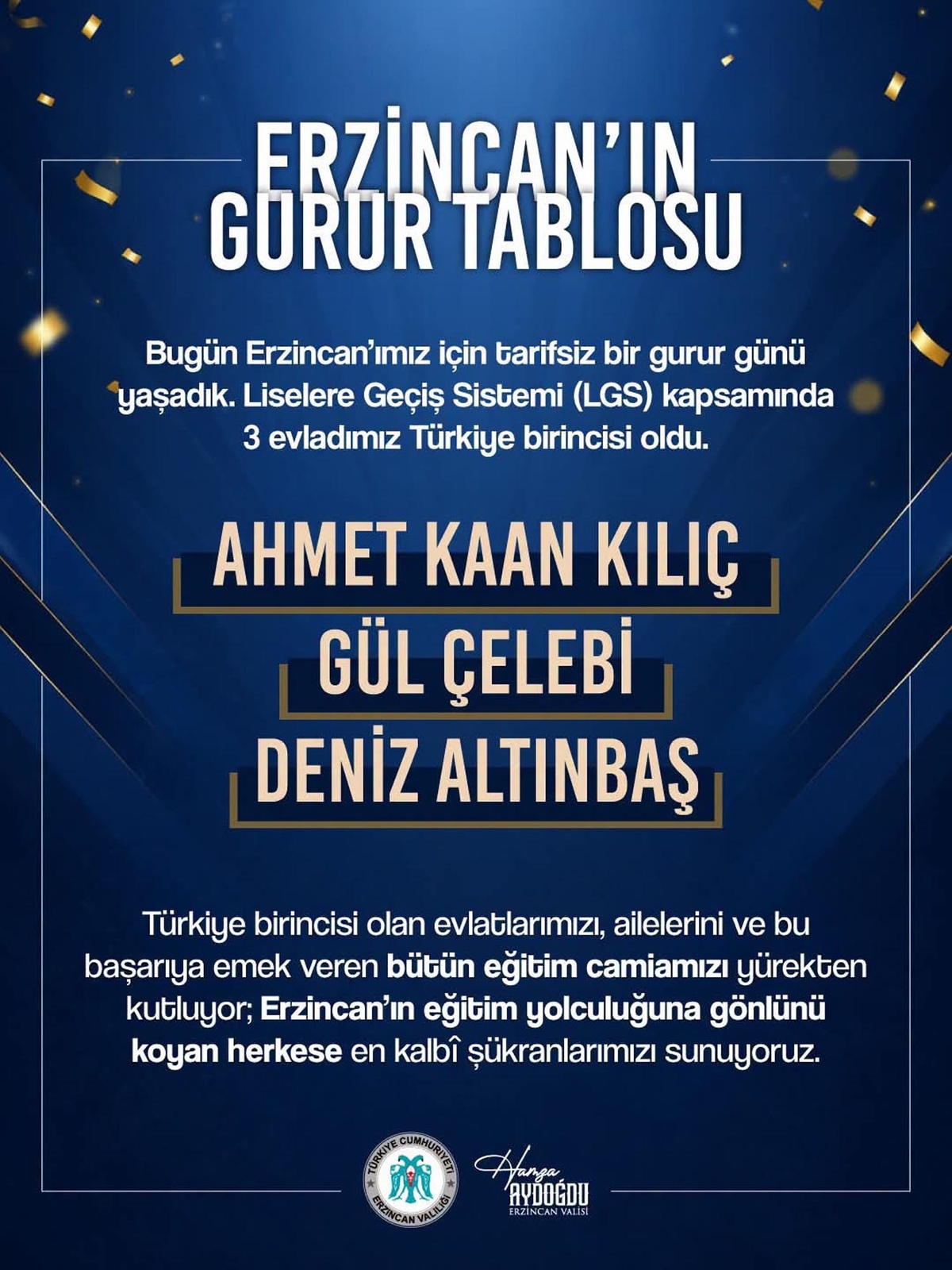 Erzincan\'da LGS\'de 3 Türkiye Birincisi
