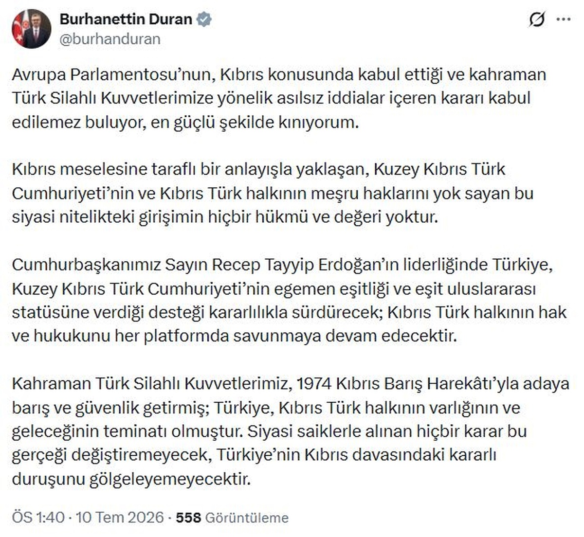 İletişim Başkanı Duran: AP\'nin Kıbrıs kararı kabul edilemez