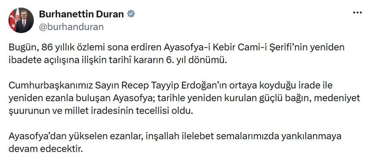 Ayasofya\'nın ibadete açılışının 6. yılı
