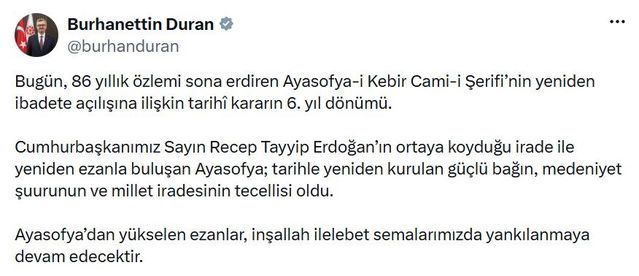Ayasofya’nın ibadete açılışının 6. yılı