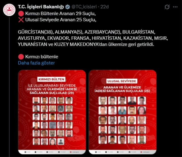 Kırmızı bülten ve ulusal seviyede aranan toplam 54 suçlu Türkiye’ye getirildi