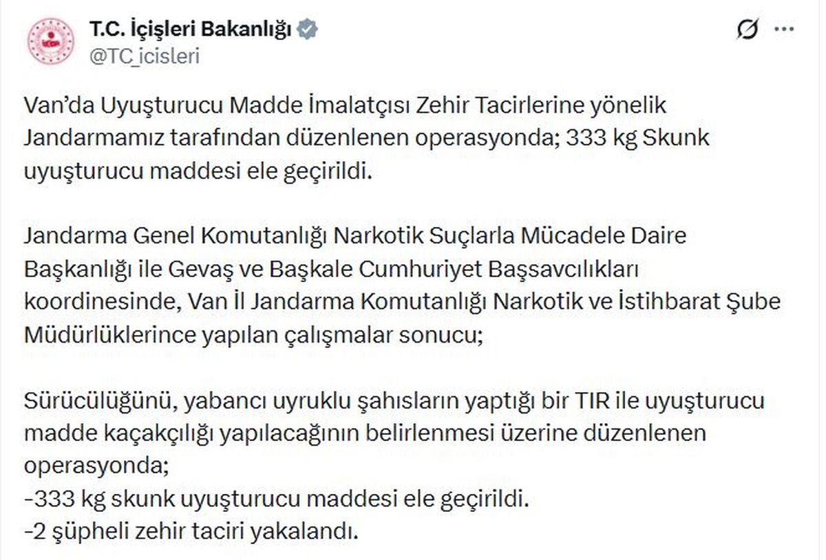 Van\'da 333 Kilogram Skunk Ele Geçirildi