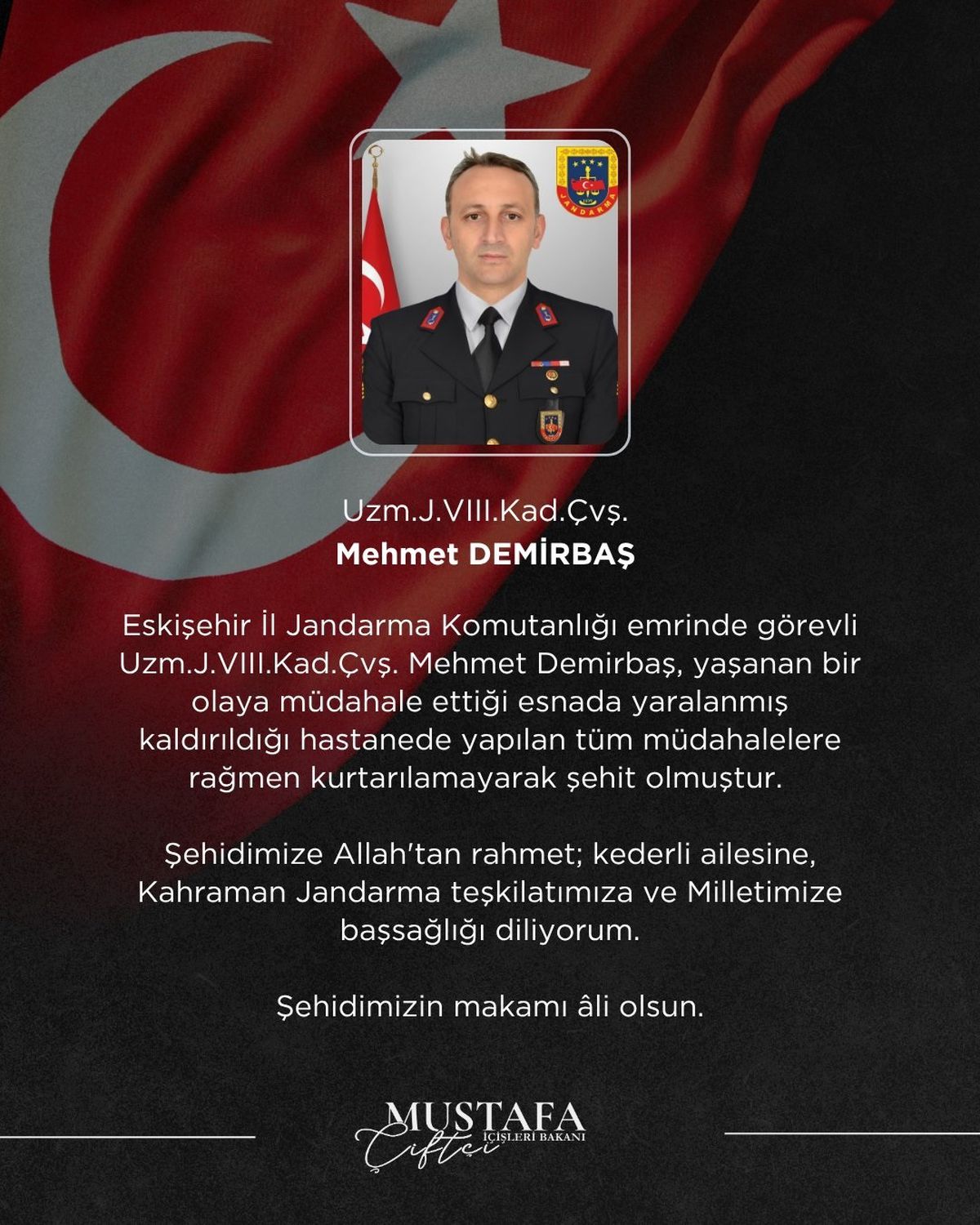 Jandarma Uzman Çavuş Mehmet Demirbaş Şehit Oldu