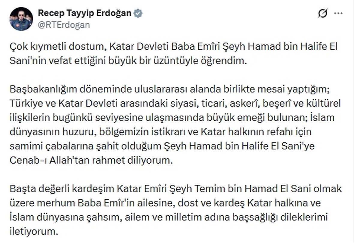 Erdoğan\'dan Katar eski Emiri Hamed bin Halife El Sani için taziye