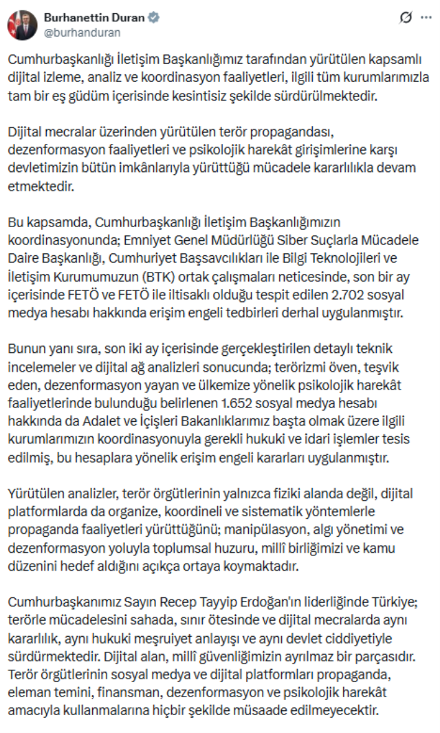 FETÖ ile bağlantılı 2 bin 702 sosyal medya hesabına erişim engeli getirildi