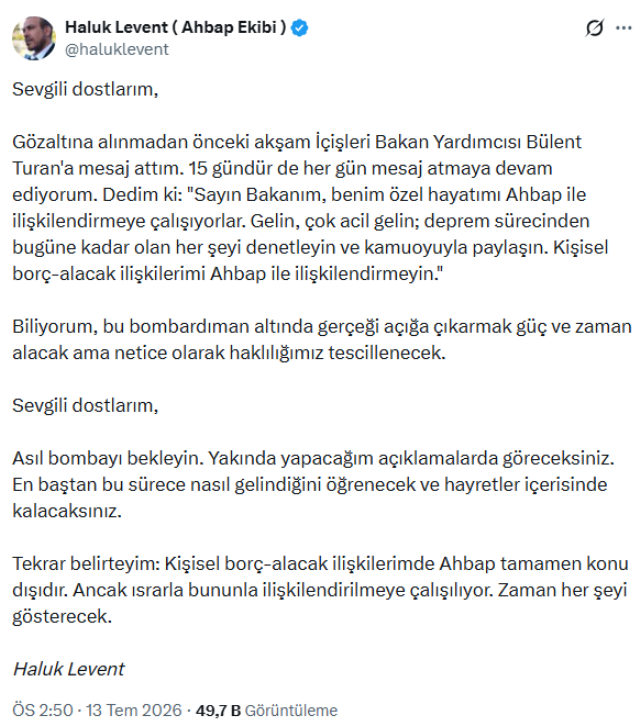 Gözaltına alınan Haluk Levent'ten ilk açıklama: Asıl bombayı bekleyin