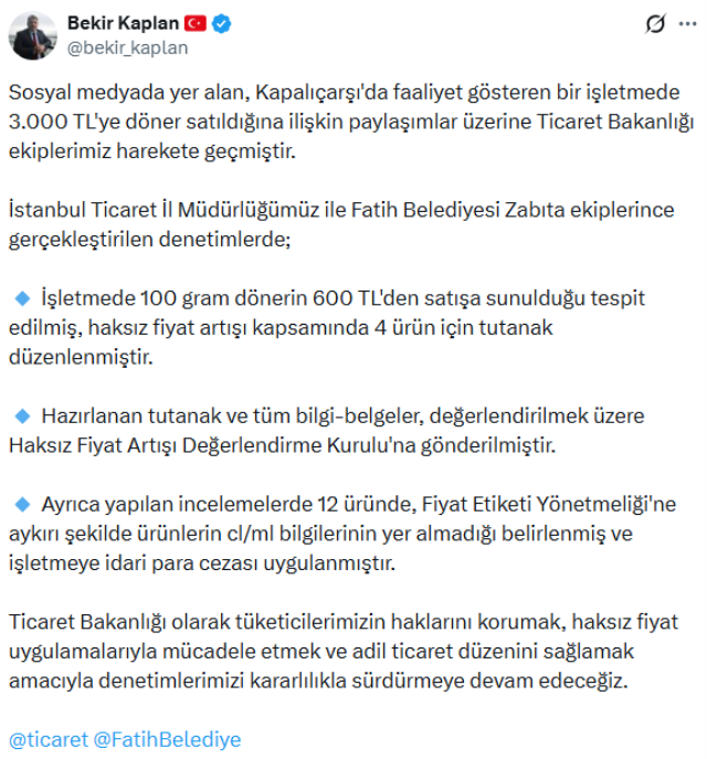 3 bin TL'lik dönerin faturası ağır oldu! Bakanlık cezayı kesti