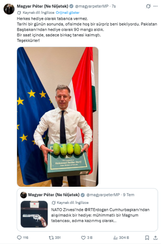 Cumhurbaşkanı Erdoğan’ın hediyesi hala gündemde: Macaristan Başbakanı Magyar’dan 'mango ve tabanca karşılaştırması