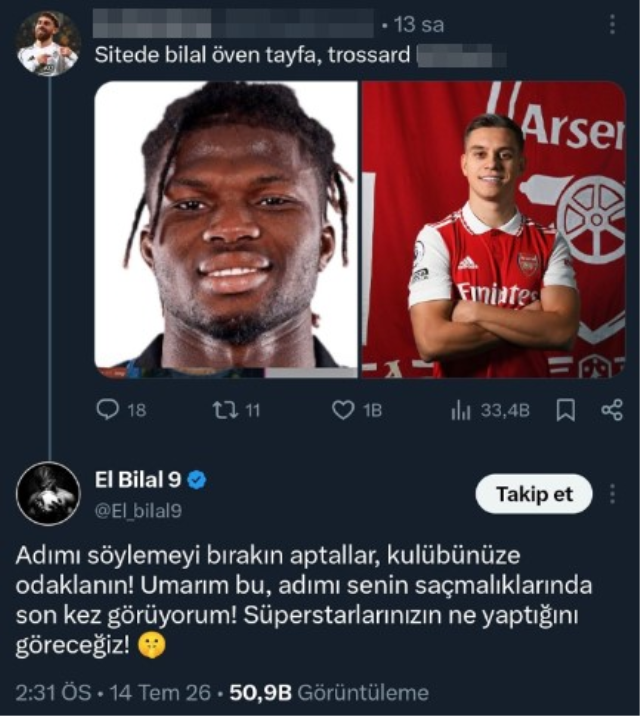 Yapılan paylaşım sonrası çılgına dönen El Bilal Toure'den Beşiktaş taraftarına hakaret
