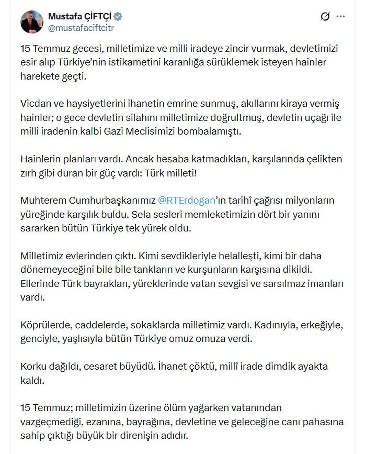 Bakan Çiftçi: 15 Temmuz büyük direnişin adıdır