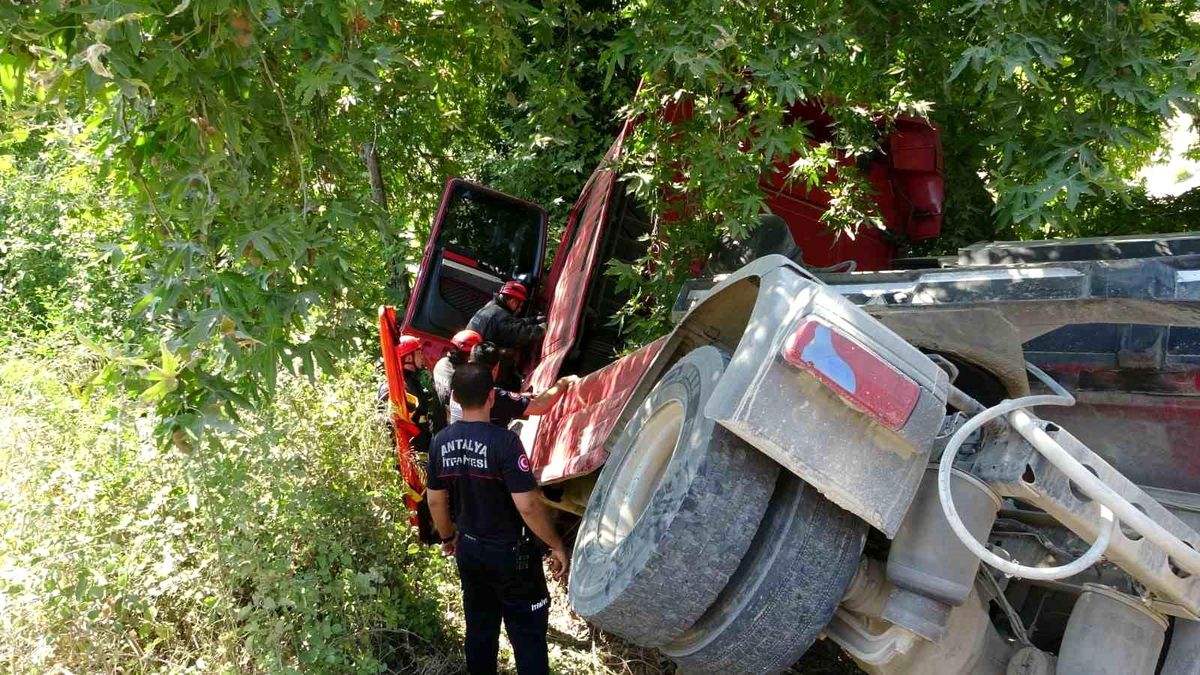 Devrilen çekici çınar ağacına takıldı sürücü araç içinde sıkıştı