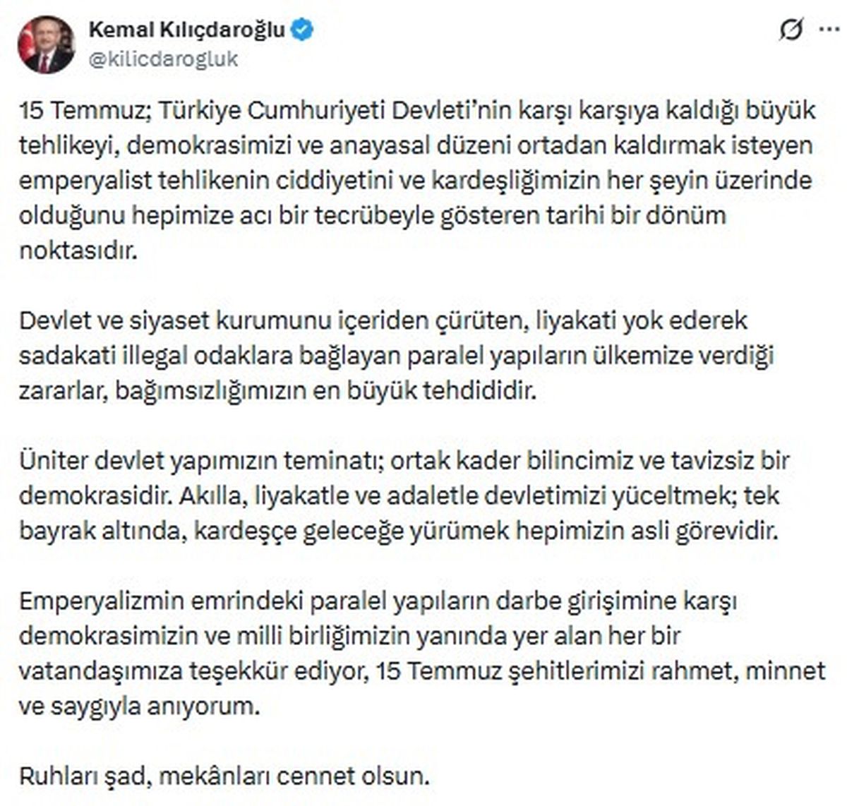 Kılıçdaroğlu\'ndan 15 Temmuz mesajı: 12 maddelik çağrı
