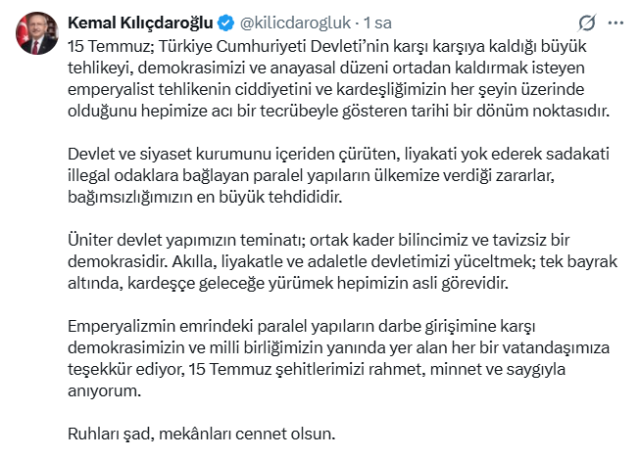 Kılıçdaroğlu'ndan 15 Temmuz mesajı: 12 maddelik çağrı