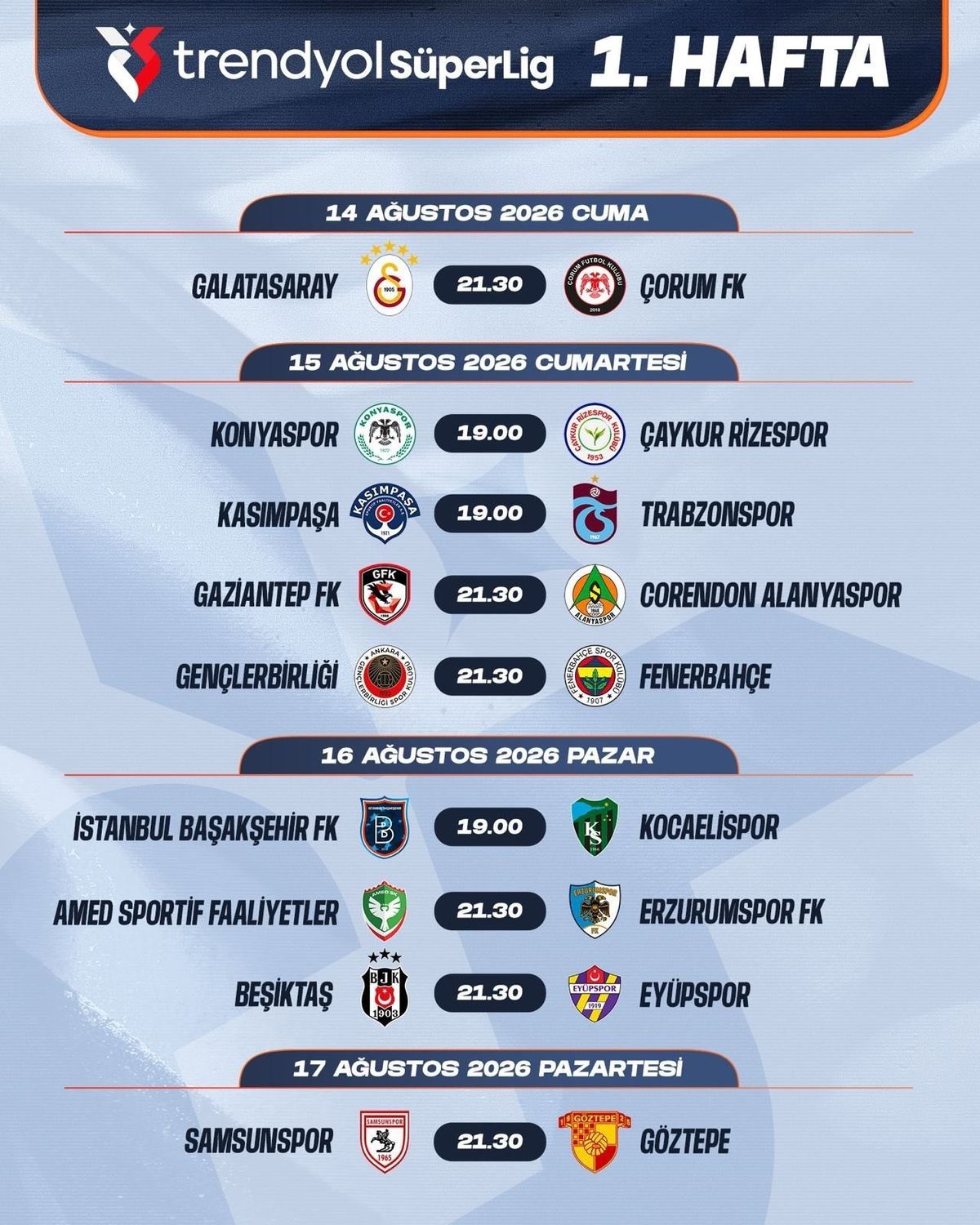 Süper Lig 2025-2026 fikstürü açıklandı, Galatasaray-Çorum FK ile başlıyor