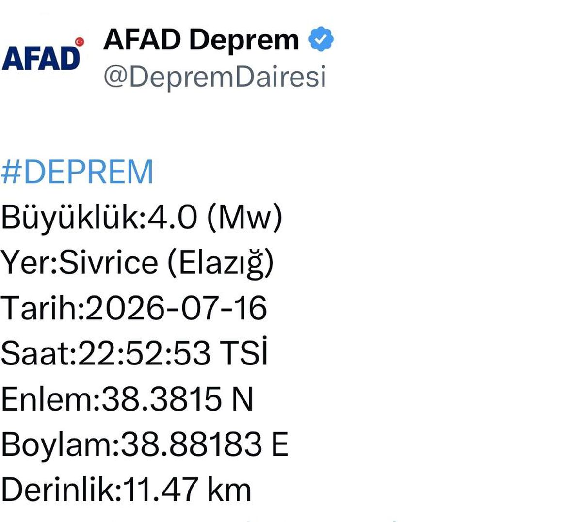 Elazığ\'da 4.0 büyüklüğünde deprem