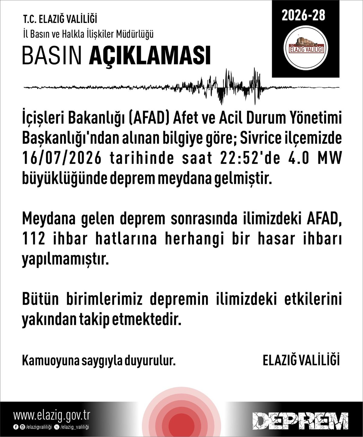 Elazığ\'da 4.0 büyüklüğünde deprem; hasar ihbarı yok