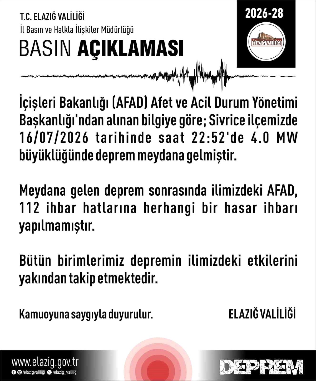 Elazığ\'da 4.0 Büyüklüğünde Deprem
