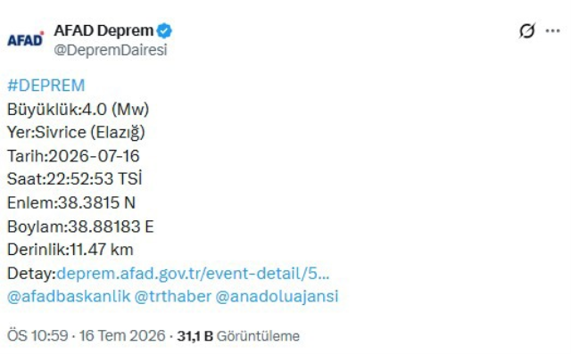 Elazığ'da 4 büyüklüğünde deprem