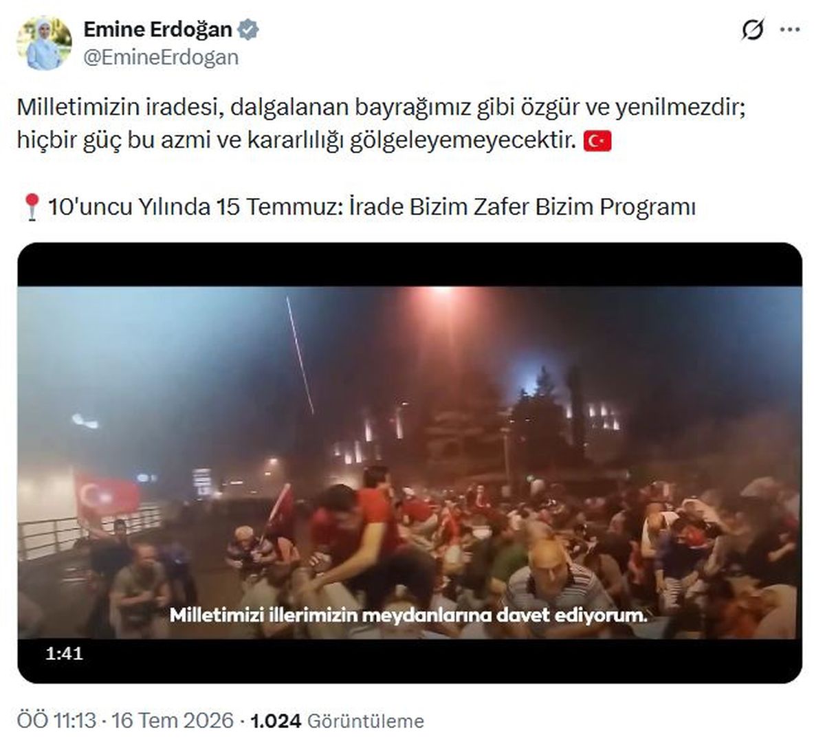 Emine Erdoğan\'dan 15 Temmuz Programına Anlamlı Paylaşım
