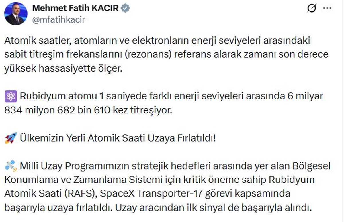 Türkiye\'nin Yerli Atomik Saati Uzaya Fırlatıldı