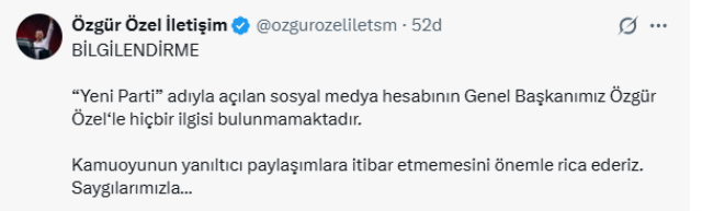 Yeni Parti adına açılan sosyal medya hesabına Özel'den jet yalanlama