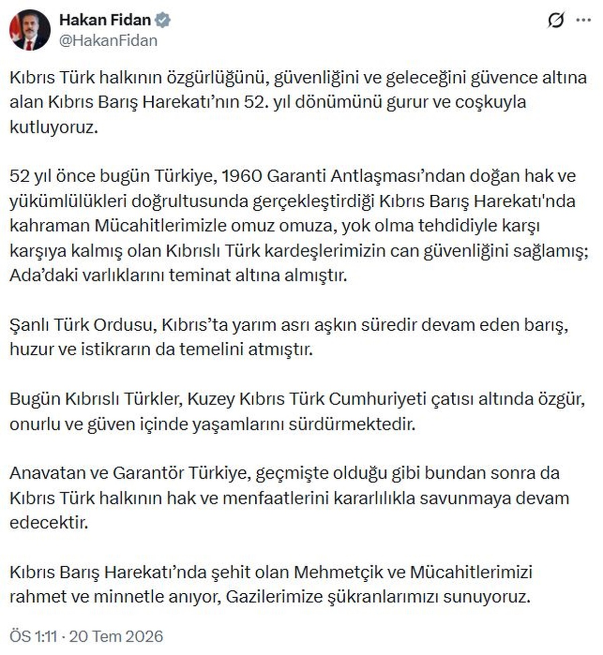 Fidan: Kıbrıs Türk halkının haklarını savunmaya devam edeceğiz