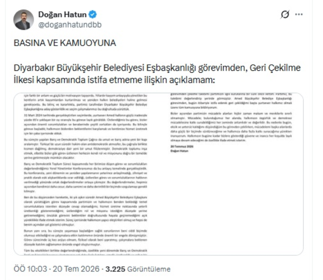 Diyarbakır Büyükşehir Belediyesi Eş Başkanı Doğan Hatun istifa etti