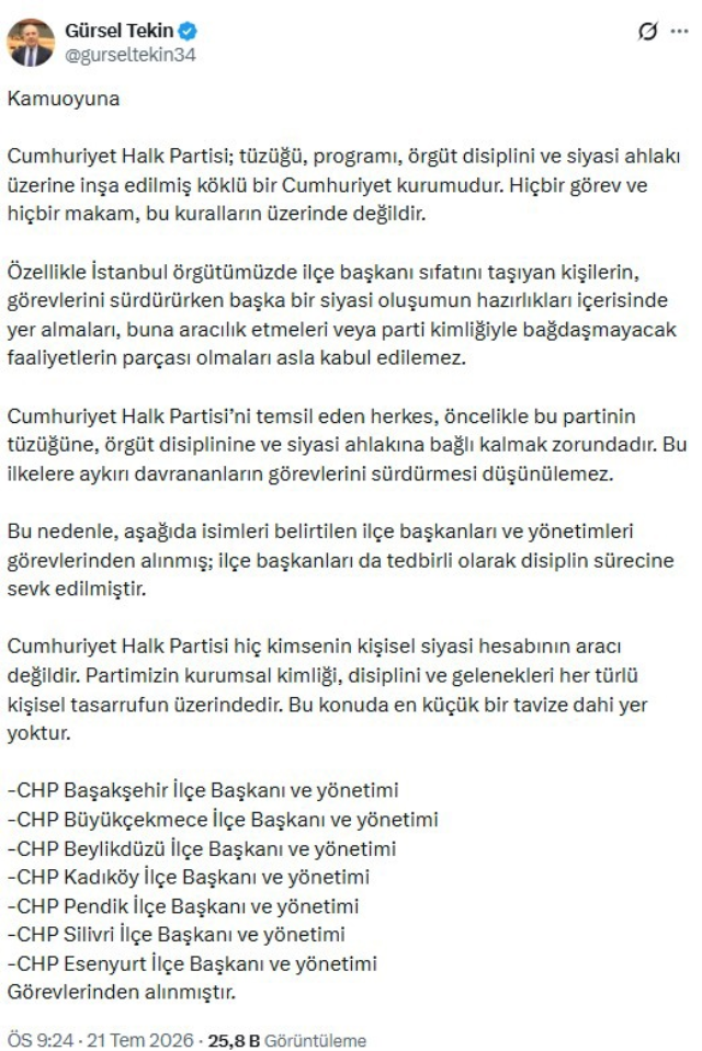 CHP İstanbul'da 7 ilçe başkanı görevden alındı