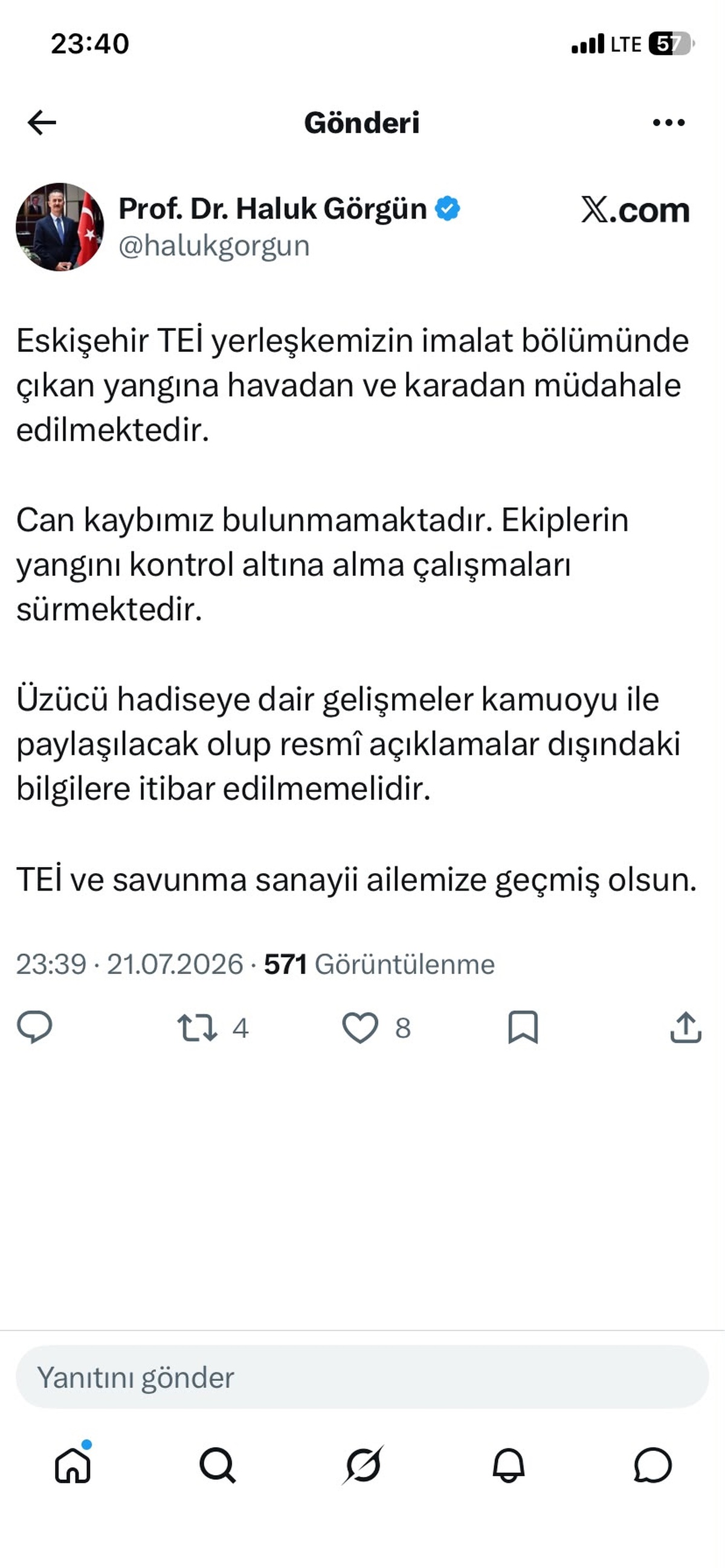 TEİ Yangınında Can Kaybı Yok