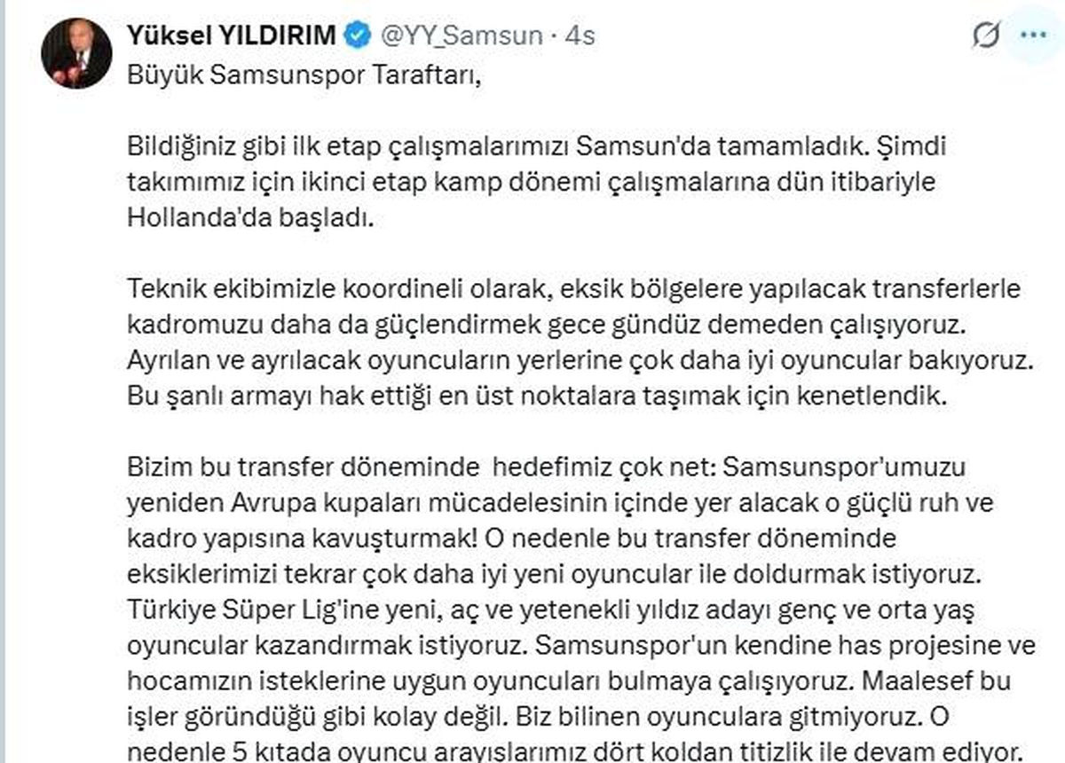 Samsunspor\'da Güçlü Kadro Hedefi