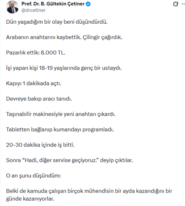 Arabası için çilingir çağıran profesör Çetiner, faturayı görünce isyan etti
